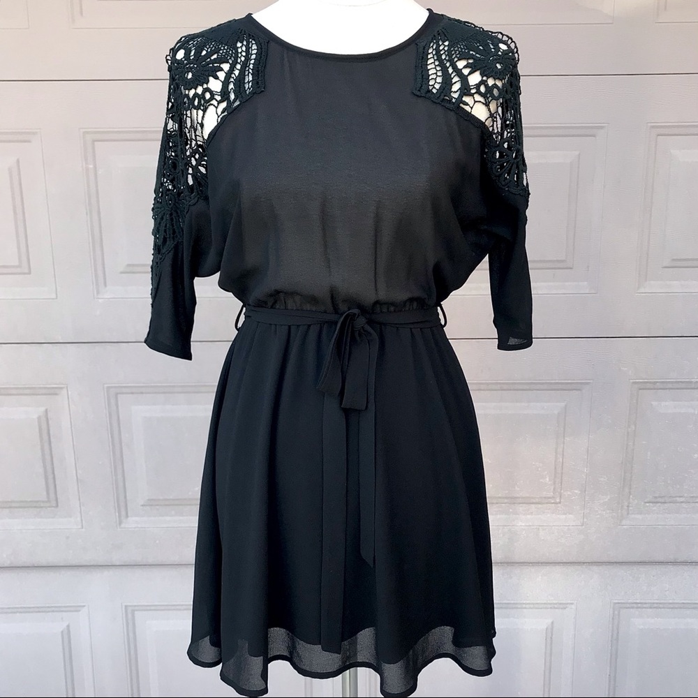 INTRO Black Dress with Crochet Lace 3/4 length sleeves
